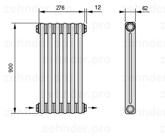 Схема (чертеж) Радиатор Zehnder Charleston 2090/6 №2670 Белый глянцевый RAL 9016